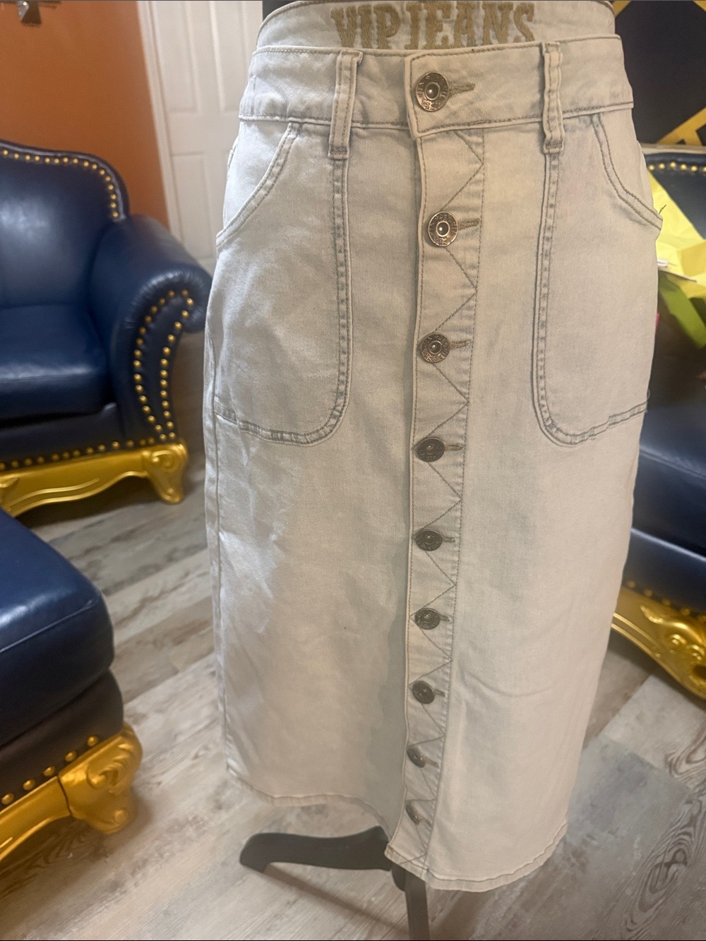 VIP Light Blue Button-Front Midi Denim Skirt